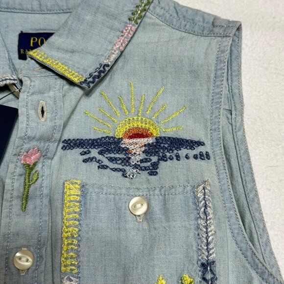 Polo Ralph Lauren Girls Embroidered Cotton Chambray Romper sz 14 - Picture 7 of 14